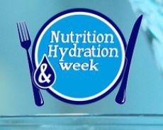 A plate with a knife and work and words: Nutrition and Hydration