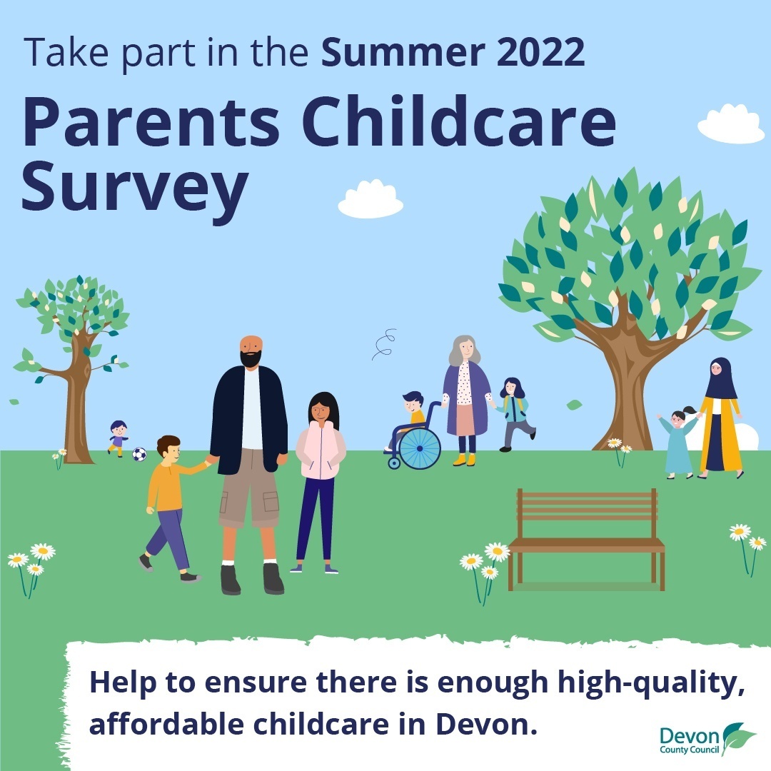 Parent childcare survey advert - cartoon of families in a park