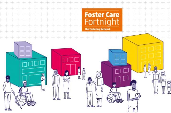 Foster Care Fortnight graphic - cartoon houses and people