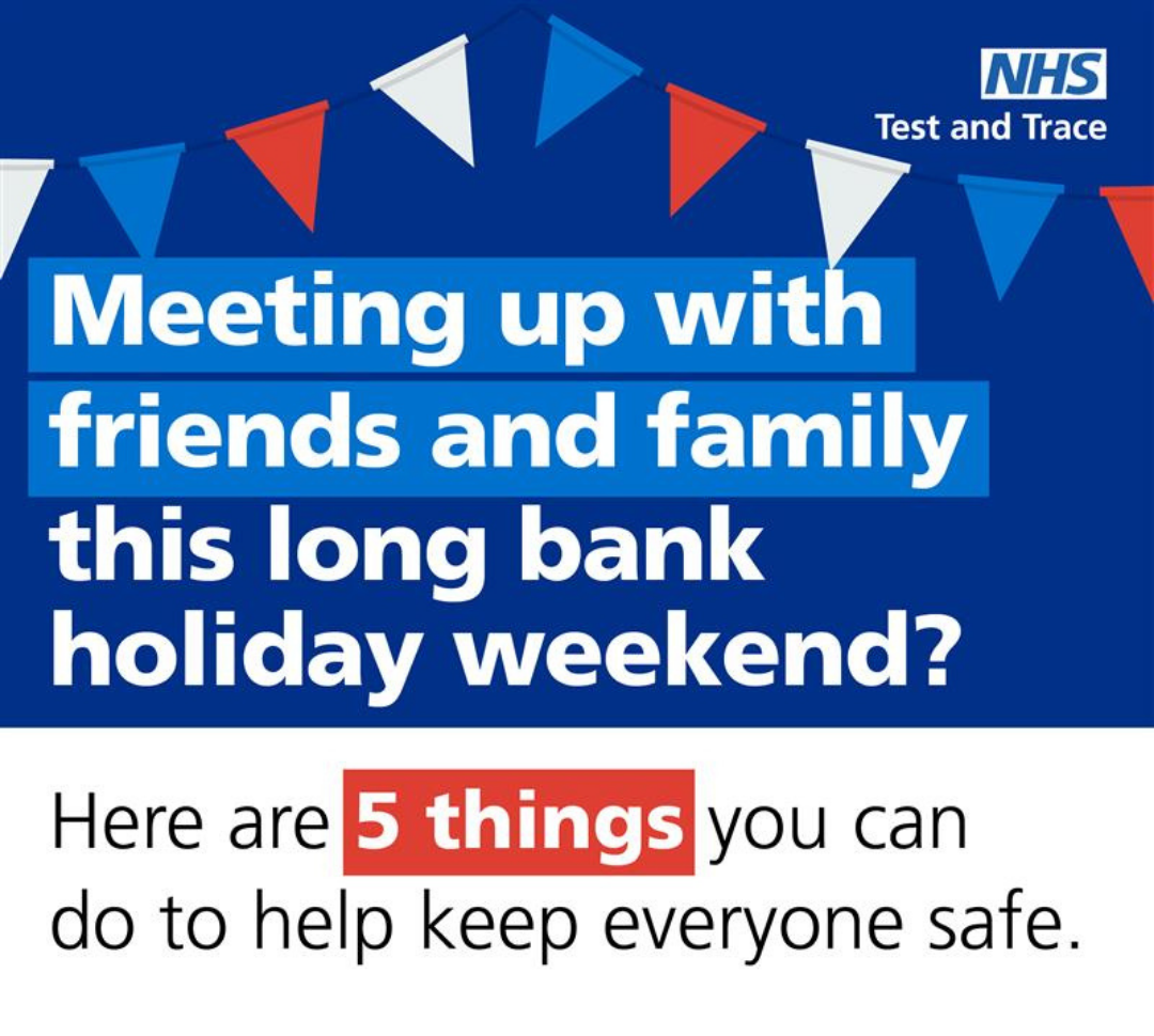 Advert reads, 'Meeting up with friends and family this long bank holiday weekend? Here are 5 things you can do to help keep everyone safe'