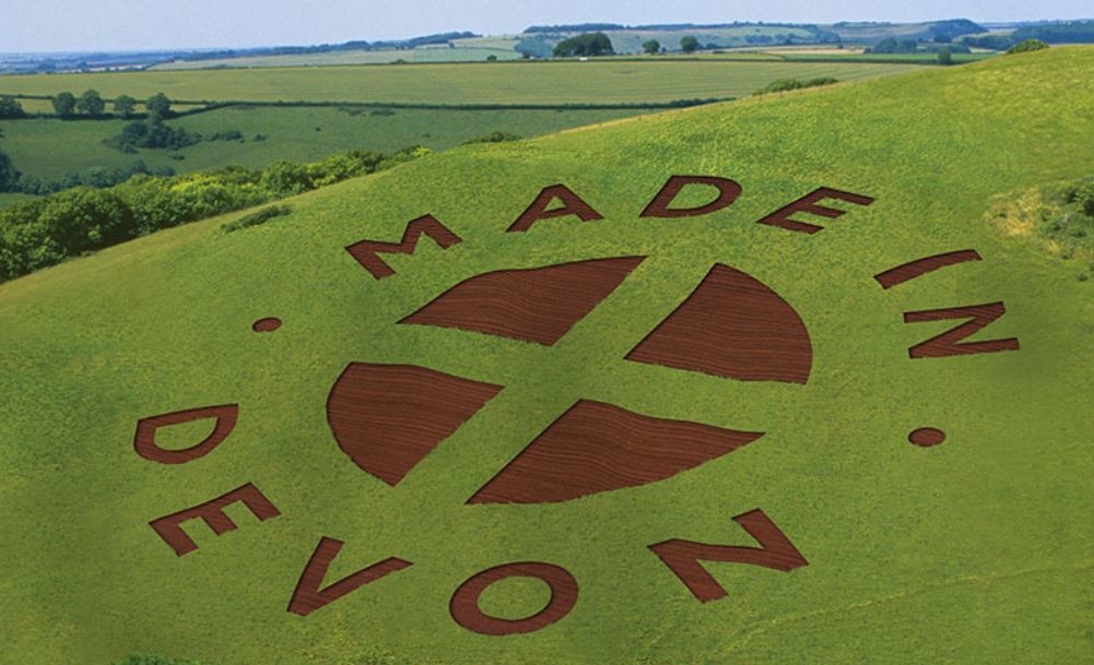 Made in Devon logo carved into the side of rolling green Devon hill