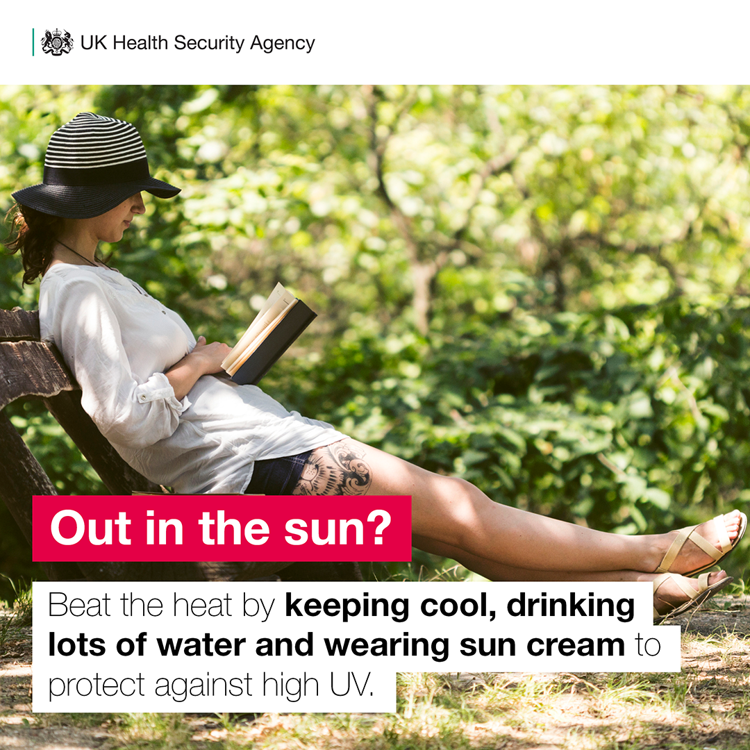 Out in the sun?  Beat the heat by keeping cool, drinking lots of water and wearing sun cream to protect against high UV.