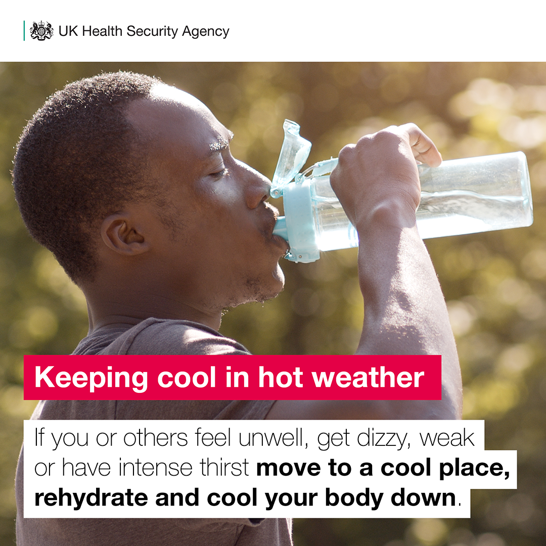 Keeping cool in hot weather. If you or other feel unwell, move to a cool place and rehydrate