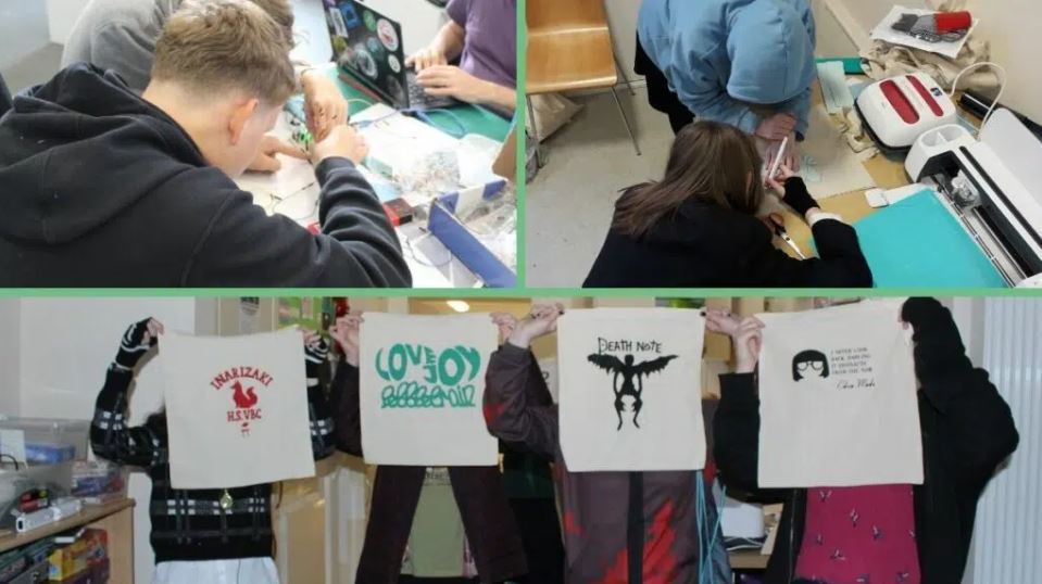 young people creating prints using machines 