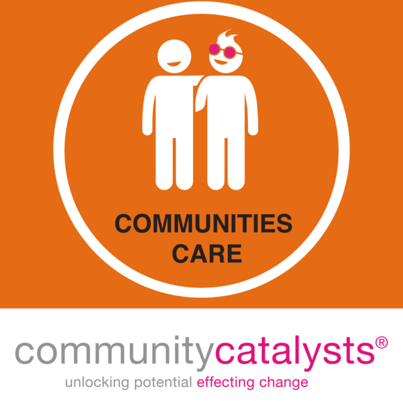 Community Catalysts 'Communities Care' ad. Cartoon people on an orange background