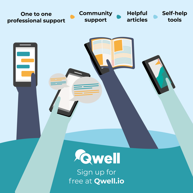 illustration of hands holding phones. Text below says 'sign up for free at Qwell.io'. Text above the hands outlines the types of support offered