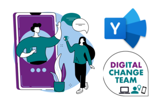 Illustration of two people interacting through a phone, with the Yammer and Digital Change team logos