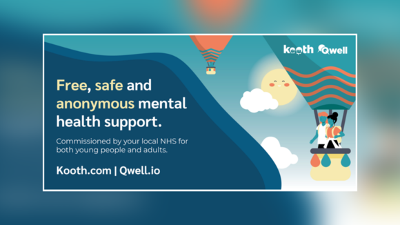 Graphic shows a hot air balloon in the sky with the words, 'Free, safe and anonymous mental health support.'