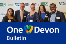 photo of five members of NHS Devon’s health inequalities team. Text below reads 'One Devon bulletin'