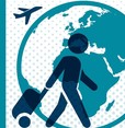 Icon of traveller wheeling a suitcase around the world by an plane