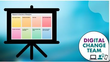 Blue background with the Digital Change Team logo and there is an icon that looks like a screen. On the screen is a picture of some post-it notes.