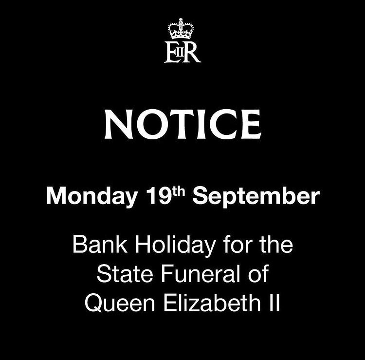 Bank holiday announced on Monday 19 September