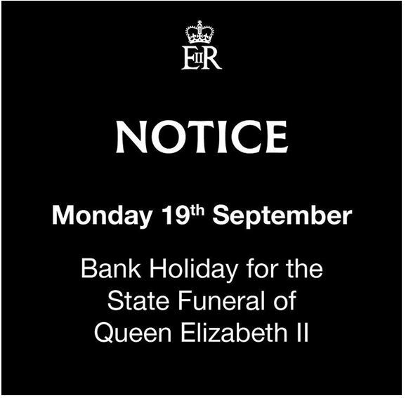Bank Holiday notice for Monday 19 September