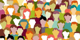 Rows of diverse people, illustrated
