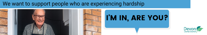 Older man at his front door smiling. The words 'We want to support people who are experiencing hardship' 'I'm in, are you?'