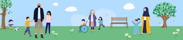 Banner depicting diverse children and families walking in a park