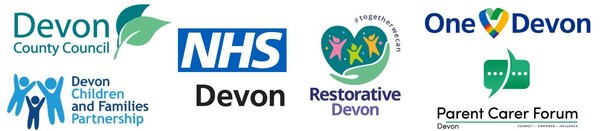 Partnership logos - DCC, DCFP, Restorative Devon, NHS Devon, One Devon, Parent Carer Forum