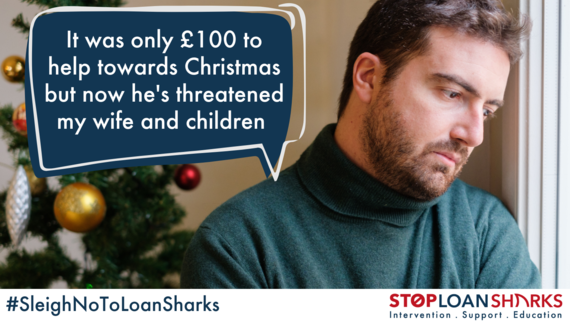 A man looking despondent with text saying "It was only £100 to help towards Christmas and now he's threatened my wife and children".