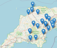 map of Devon with way points showing the location of classes