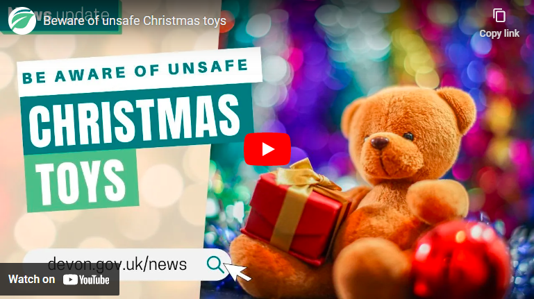 Image shows a teddy bear and the words, Be Aware of Unsafe Christmas Toys