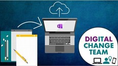 Change Team logo bottom right. Bottom left is stationery. Arrow points to a laptop with OneNote icon. Above, an icon indicates cloud storage.