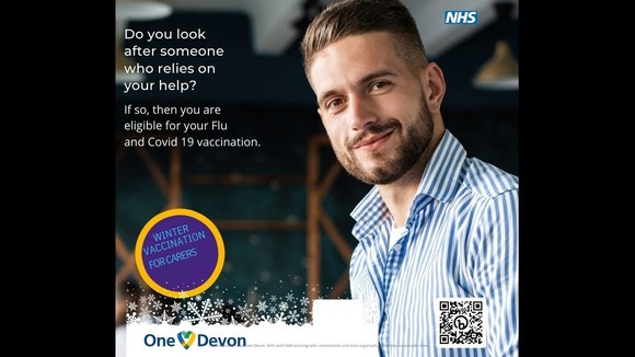 Words reading 'Do you look after someone who relies on your help?..If so you are eligible for your flu and COVID vaccinations'