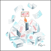 Illustration of a person drowning under paperwork