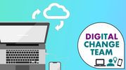 Laptop and phone graphic with a cloud symbol with arrows indicating movement between the devices and the cloud. Digital Change Team logo.