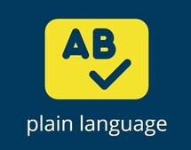 The text 'plain language' with an A B icon in yellow against a blue background