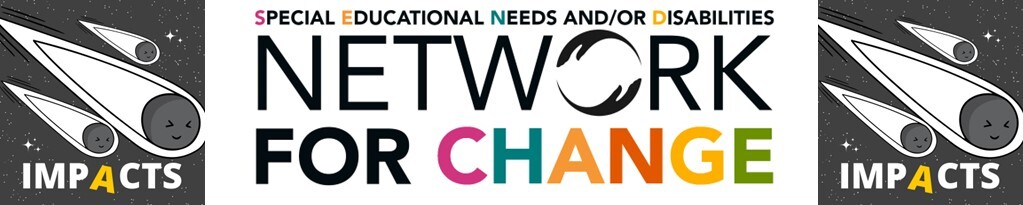 the Impacts logo. A drawing of three smiling meteors against some stars, and the words network for change