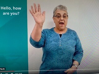 Picture of lady using British Sign Language to sign a greeting