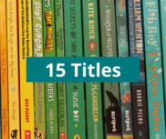 Brightly coloured book spines with wording '15 Titles'