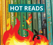 Brightly coloured book spines with wording 'Hot Reads' and illustrated flames