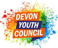 A splash of paint using a rainbow of colours. Text in boxes on top read "Devon Youth Council"