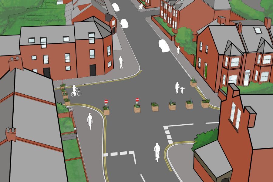 An illustration of the Active Streets trial, showing an aerial view of streets with planters and 'bus gates'.