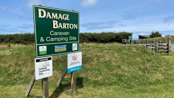 The welcome sign at Damage Barton Caravan and Camping Site near Woolacombe