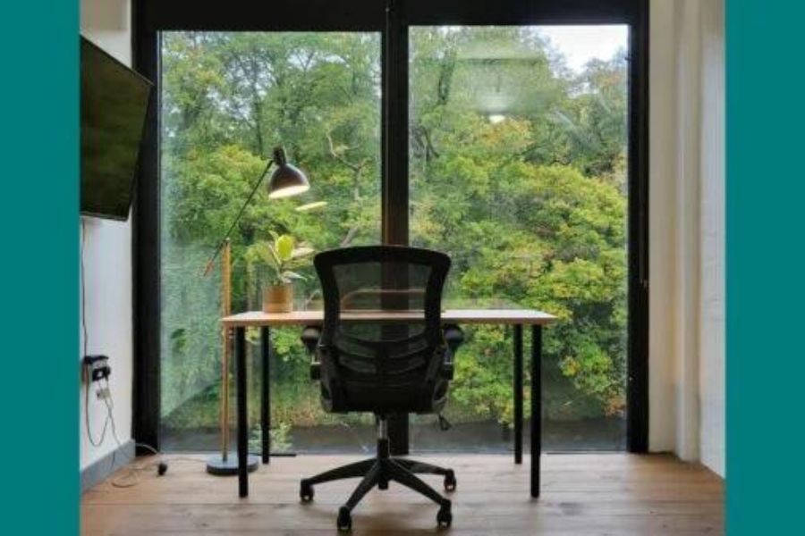 A modern-looking desk positioned in front of large glass doors looking out onto a leafy garden