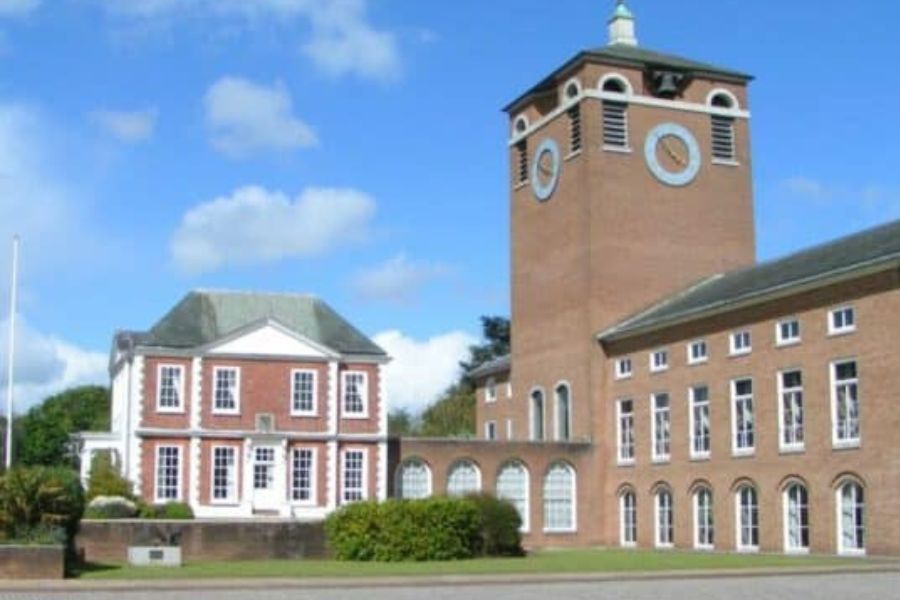 County Hall, Devon. A view of the clock tower and Bellair building