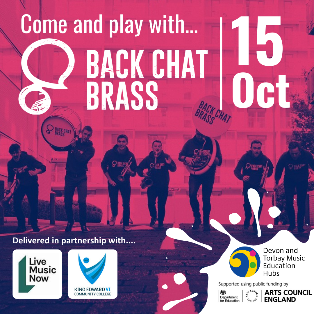 Image of Back Chat Brass musicians overlaid with text 'Come and play with Back Chat Brass 15 October' with Hub logo 
