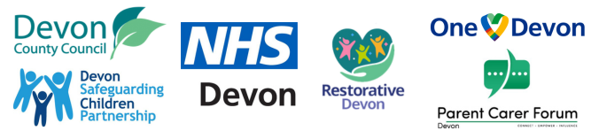 the logos for Devon County Council, NHS Devon, Parent Carer Forum Devon, Devon Children and Families Partnership, Restorative Devon and One Devon.