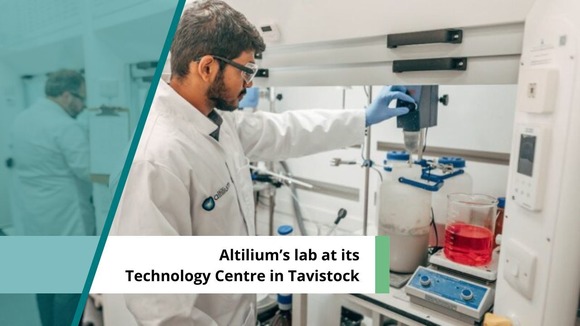 Man working in a lab. Text reads: Altilium’s lab at its Technology Centre in Tavistock