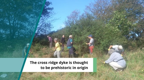 Photo of the site. Text reads: The cross ridge dyke is thought  to be prehistoric in origin 