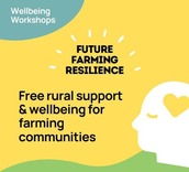 Graphic with text reading 'Wellbeing Workshops: Future Farming Resilience: Free rural support & wellbeing for farming communities'