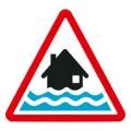 Flood warning icon description: a black house with 2 wavy lines of water covering the bottom of it, within a red triangle.