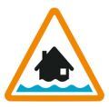 Flood alert icon description: a black house with 1 wavy line of water covering the bottom of it, within an orange triangle.