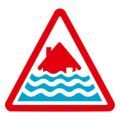Severe flood warning icon description: a red house with 3 wavy lines of water covering the bottom of it, within a red triangle.