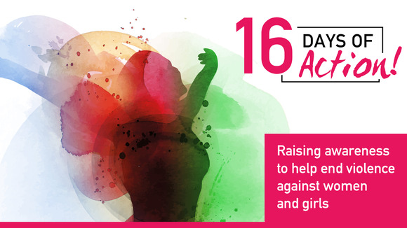 16 Days of Action. Raising awareness to help end violence against women and girls. Watercolour painting of a woman holding her arms wide.