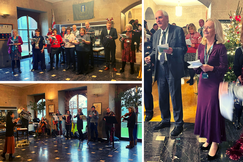 Carols at County Hall concert - musicians, singers, Council Leader John Hart and CEO Donna Manson