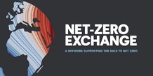the net zero exchange logo, a globe with the land mass coloured with blue to red stripes representing the warming average temperature of earth