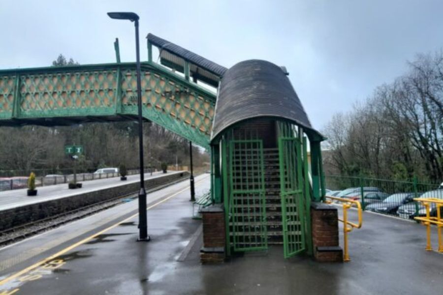 Okehampton Station footbridge, showing where the canopy has been blown away